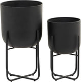Round Metal Planter Pots – Large Black, Set of 2 for Indoor & Outdoor Use