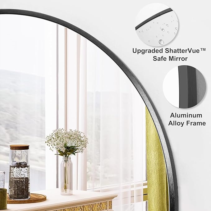 DHARA DECOR GLSLAND Round Wall Mirror, 24 Inch, Aluminum Alloy Frame with ShatterVue Safe Glass, Black