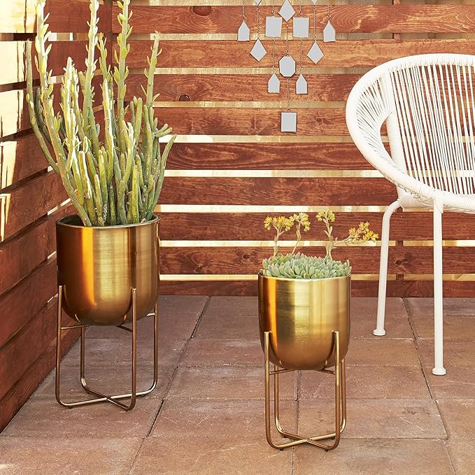 DHARA DECOR Round Shape Metal Indoor & Outdoor Large Golden Planter Pot for Living Room Bedroom & Interior Balcony Set of 2
